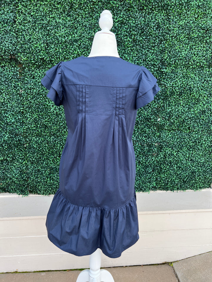 Flutter Sleeve white Embroidered Navy Dress drop ruffle hem pleated detailing back