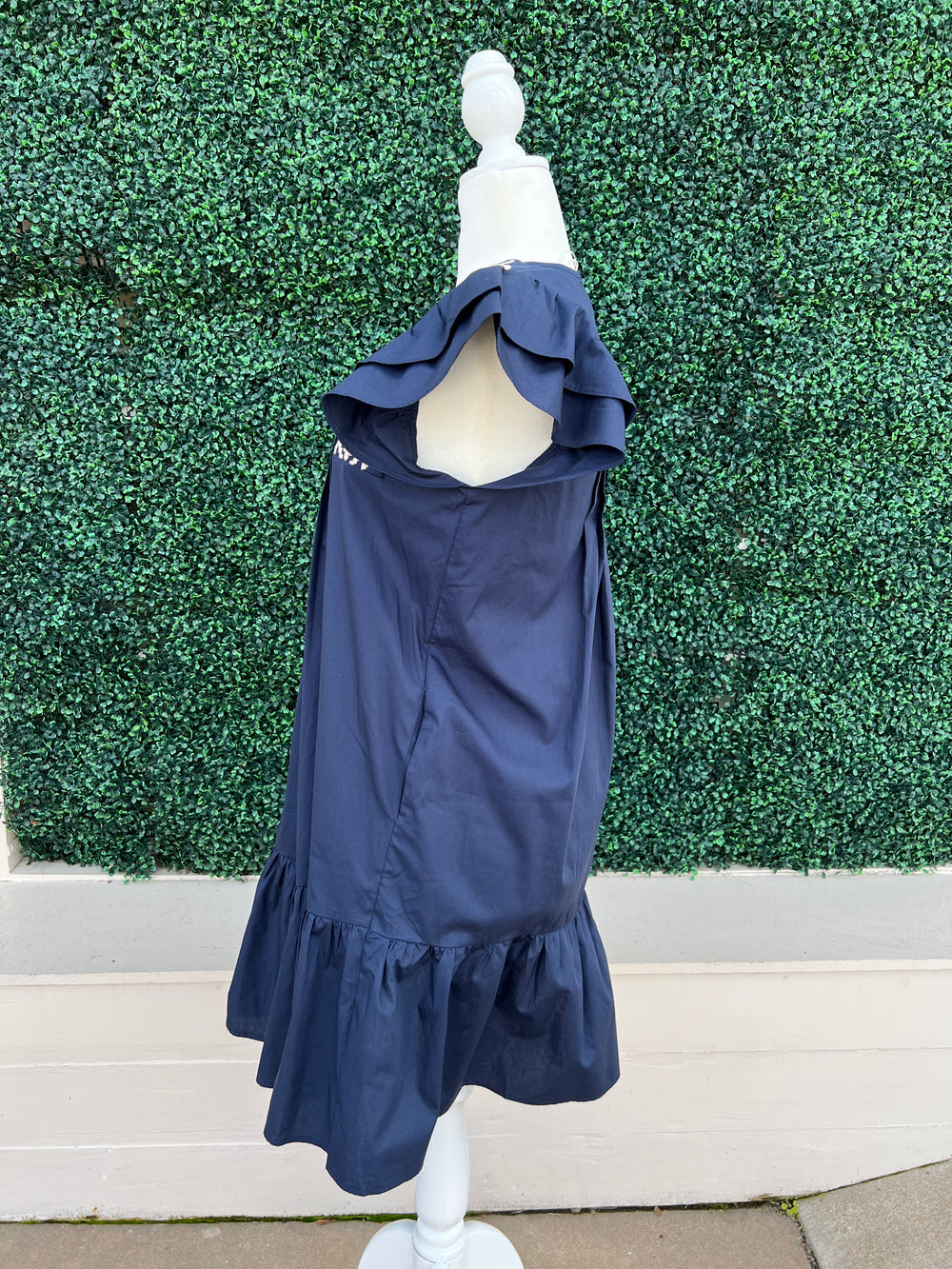 Flutter Sleeve white Embroidered Navy Dress drop ruffle hem pleated detailing side