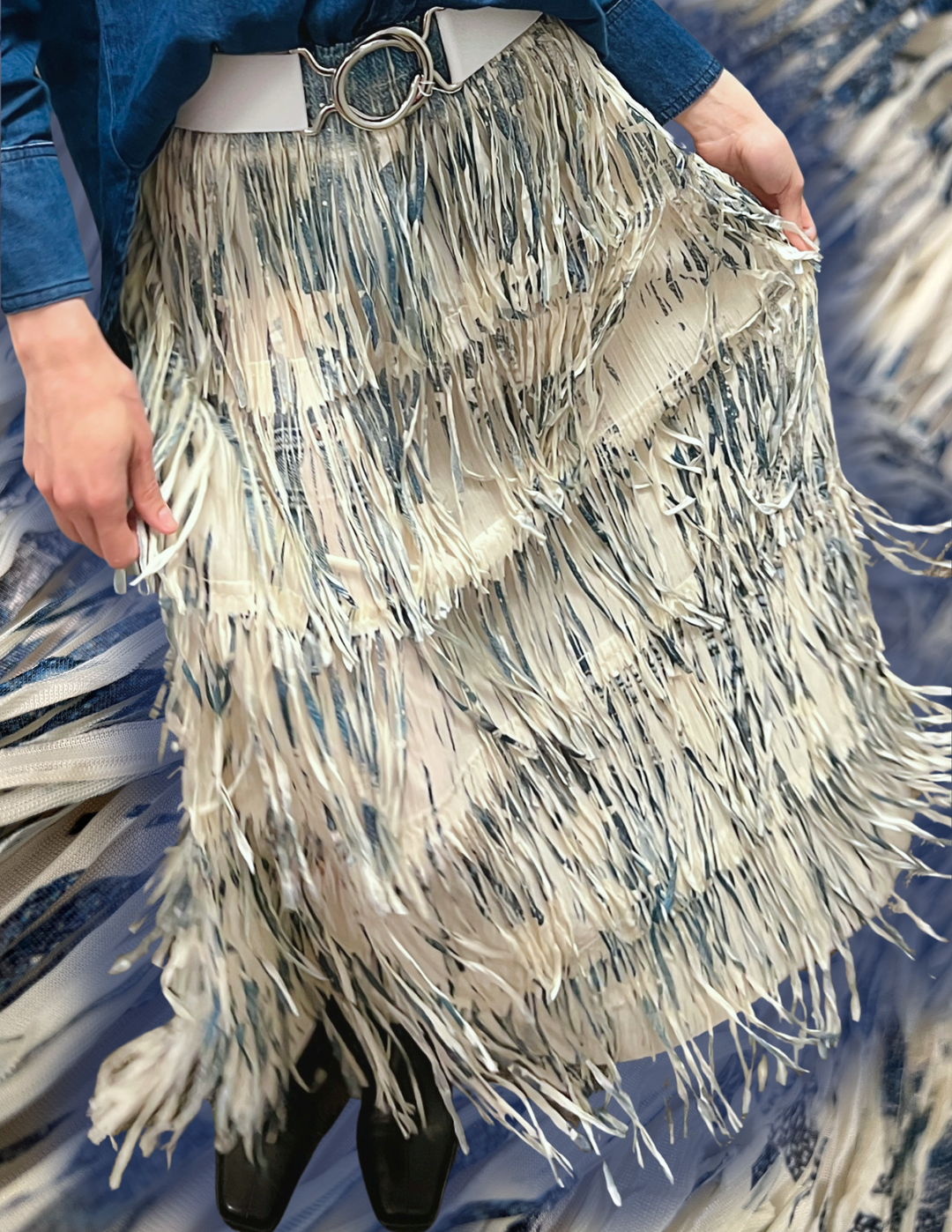 Fringed Tiered Stretch Maxi Skirt southern style rodeo Houston denim