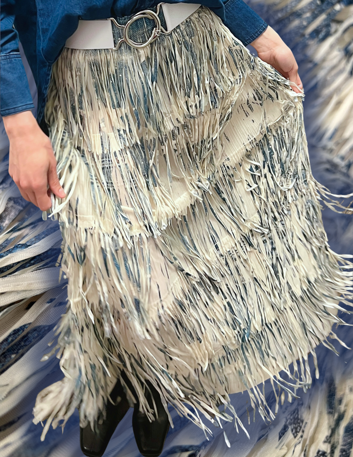 Fringed Tiered Stretch Maxi Skirt southern style rodeo Houston denim