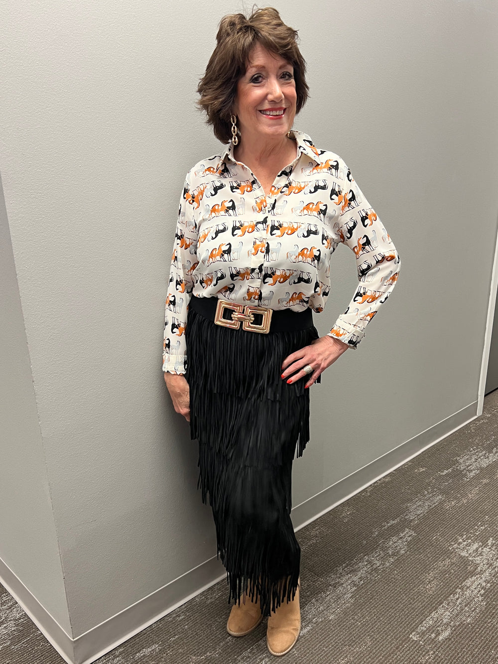 Fringed Tiered Stretch Maxi Skirt southern style rodeo Houston black