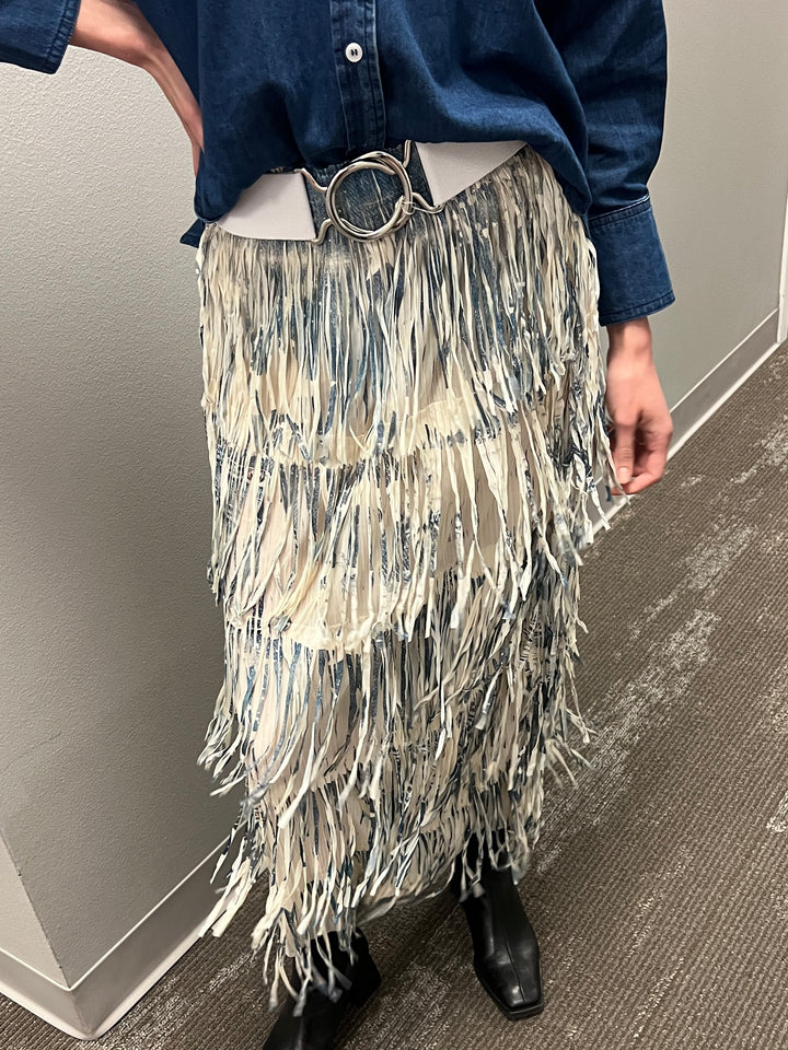 Fringed Tiered Stretch Maxi Skirt southern style rodeo Houston denim printed