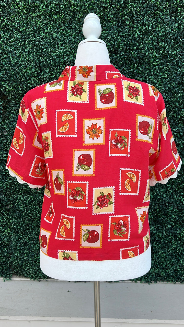 Fruit apple orange Stamp white Rickrack Top Summertime Blouses Tres Chic Boutique side
