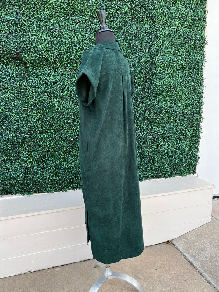 Game day color corduroy shirt dress tres chic boutique football forest green texas maxi dress with slit