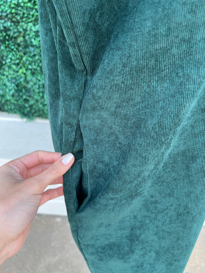 Game day color corduroy shirt dress tres chic boutique football forest green texas maxi dress with slit pockets