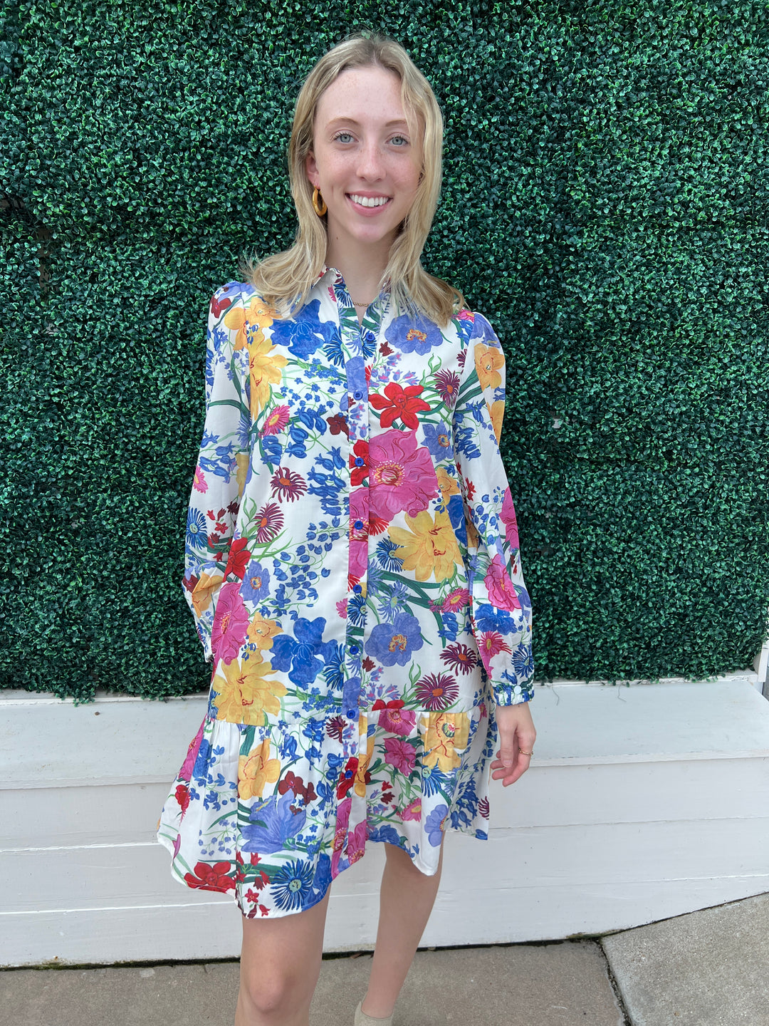 Garden Print Ruffle Hem Shirt Dress