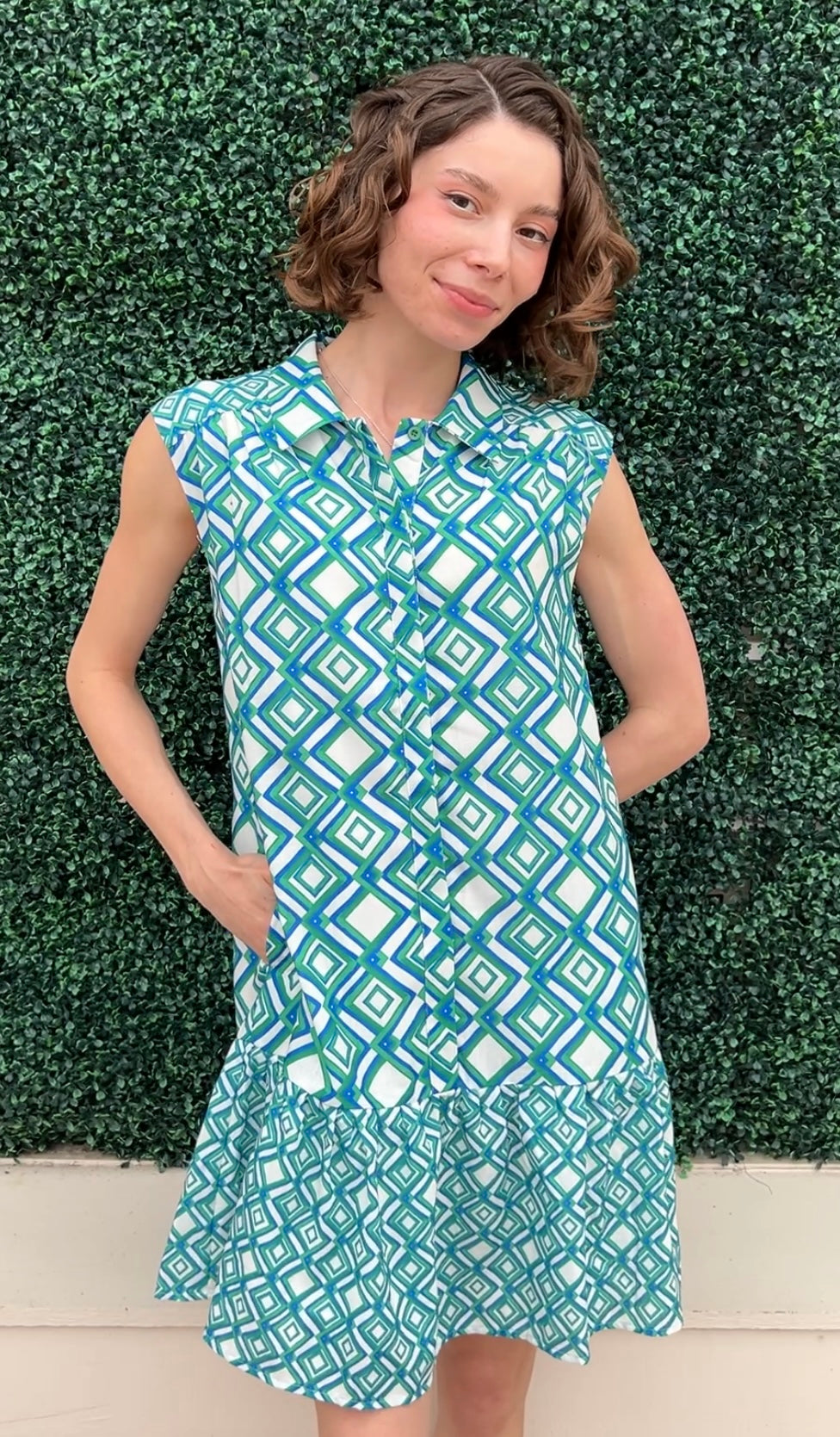 Geometric Print Shirt Dress linen texture blue green and white with pockets covered buttons