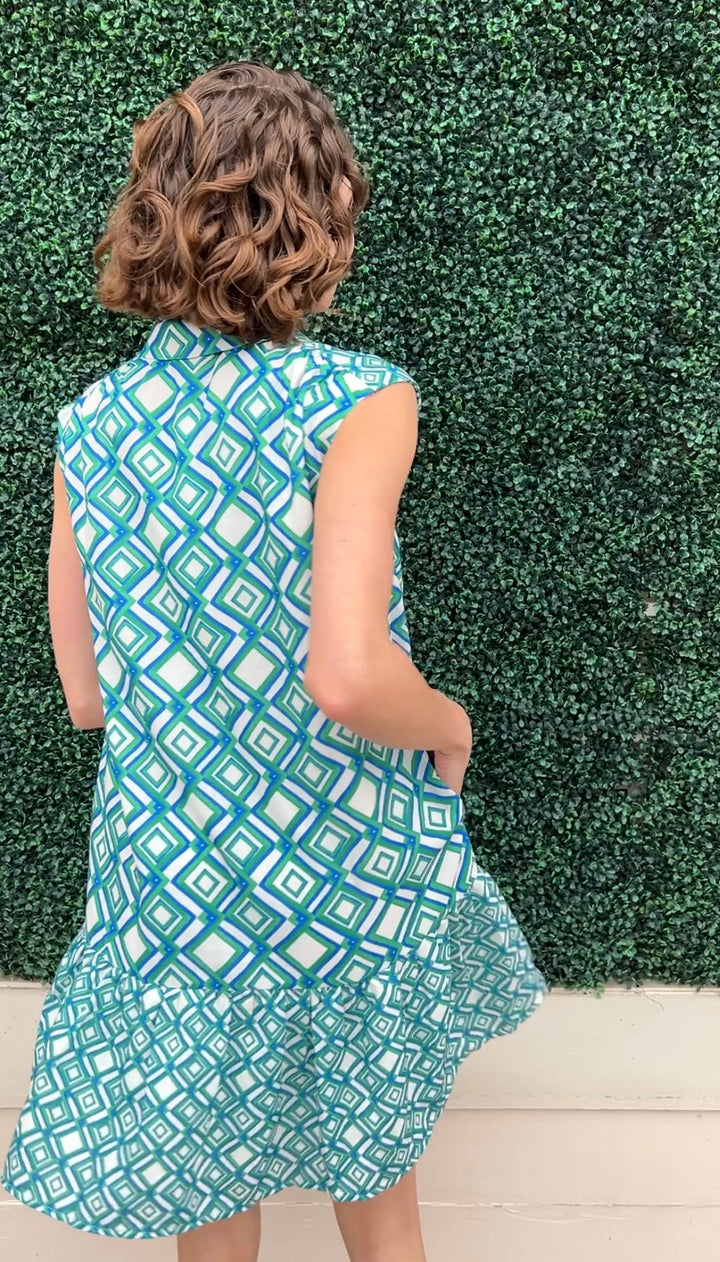 Geometric Print Shirt Dress linen texture blue green and white with pockets covered buttons joy joy brand