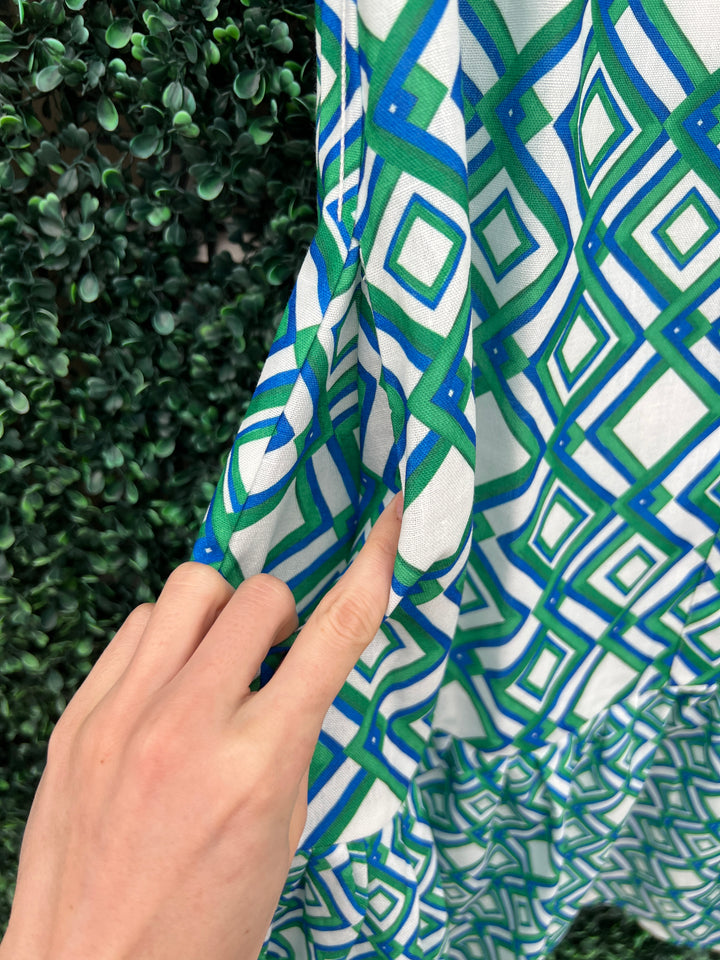 Geometric Print Shirt Dress linen texture with pockets and ruffle hem