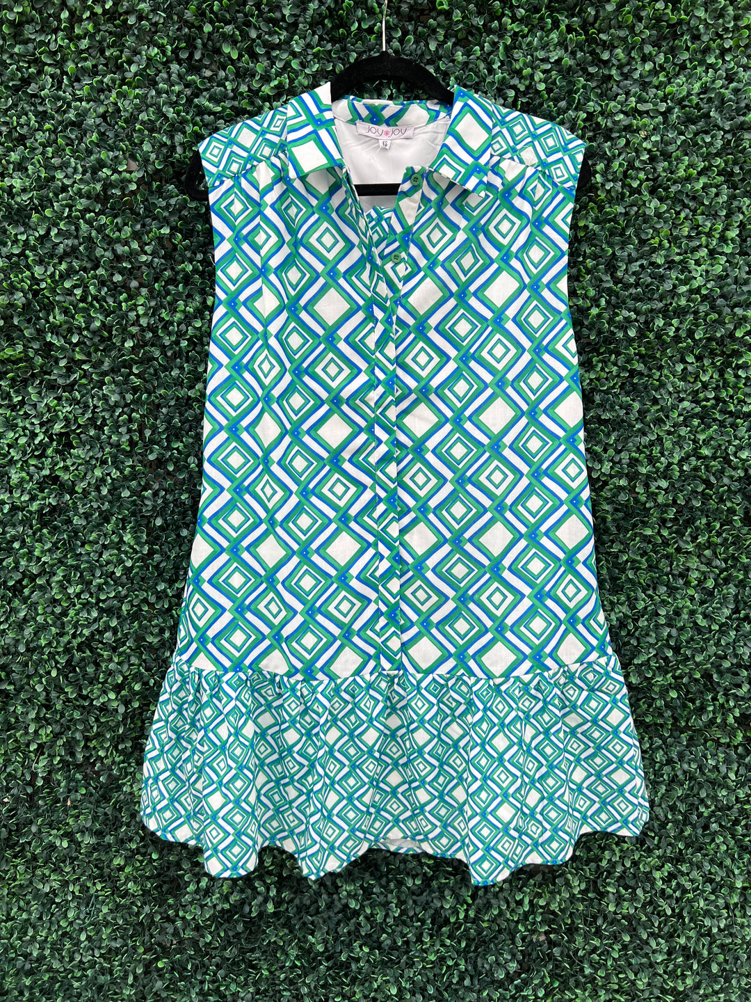 Geometric Print Shirt Dress linen texture with pockets and ruffle hem button up