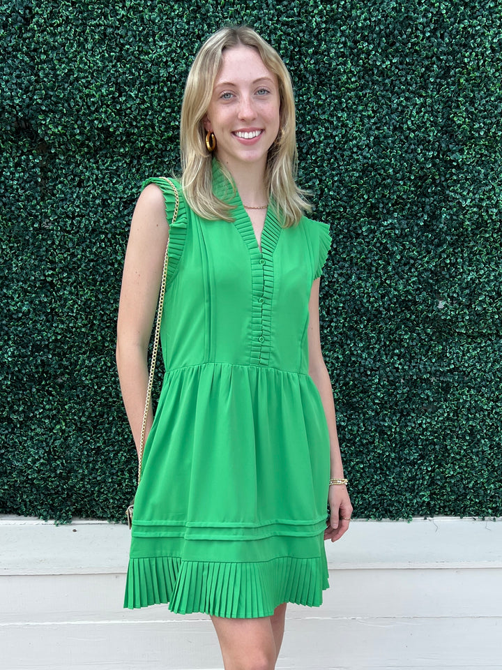 Green Pleated Hem Dress Quality Women&