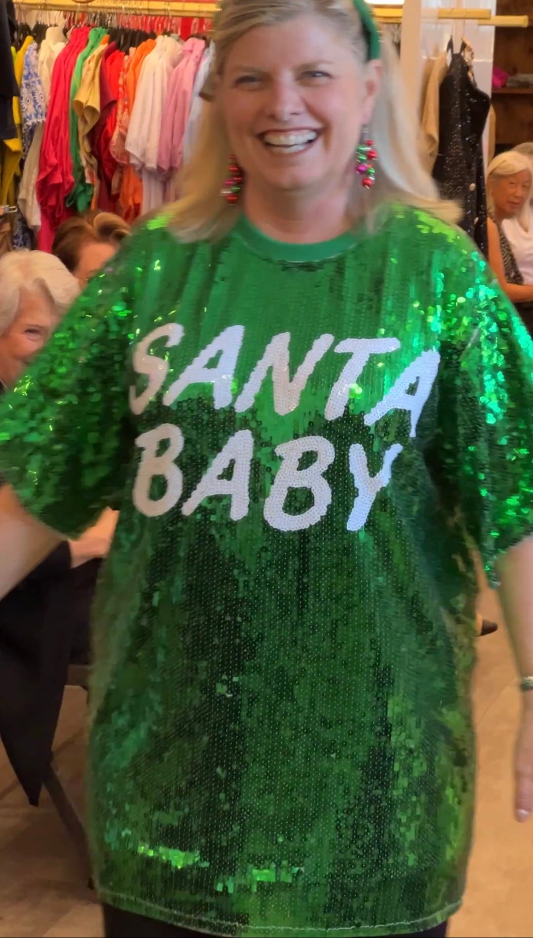 Green Sequin Santa Baby Tee Dress at womens gift boutique tres chic