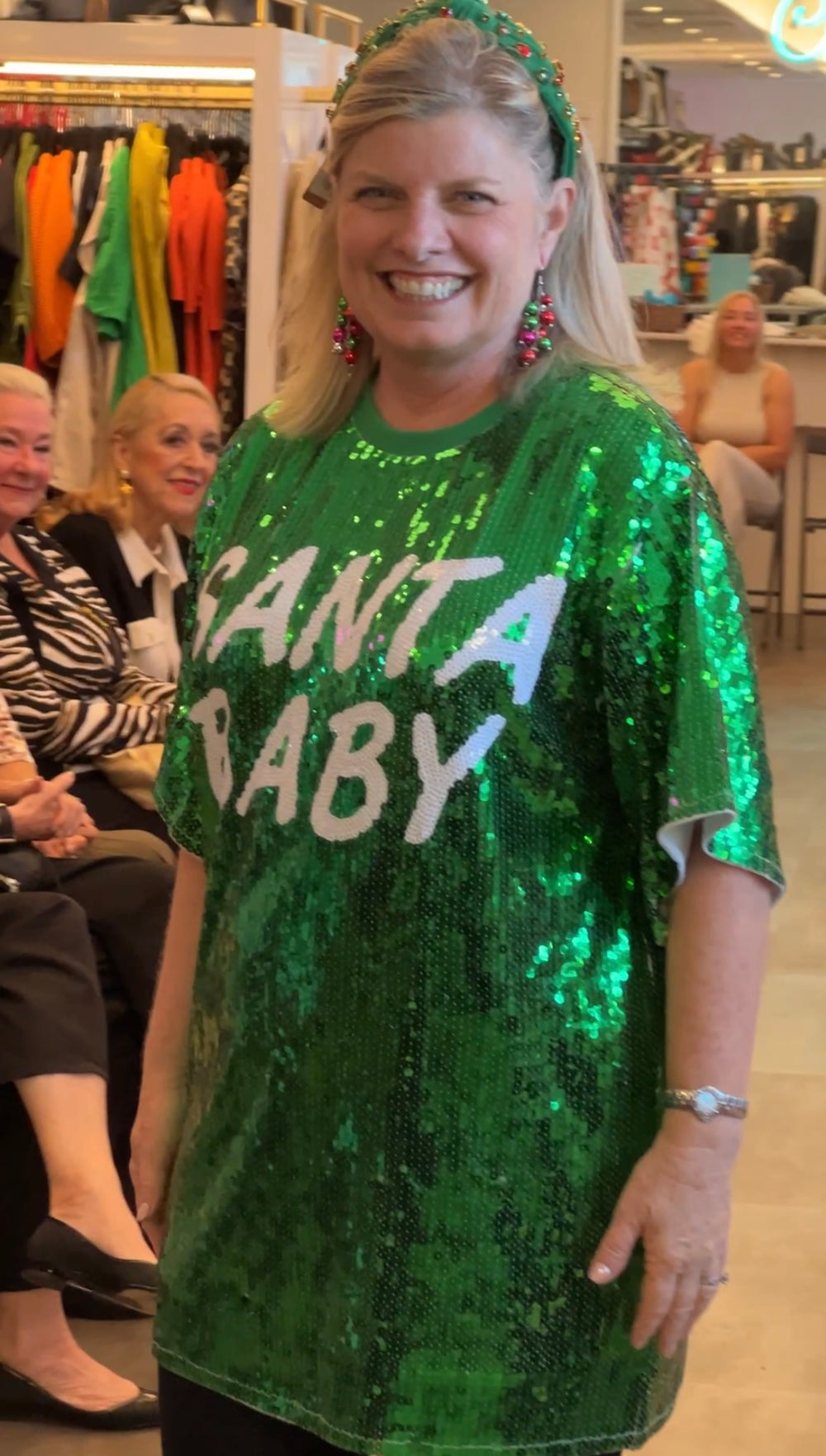 Green Sequin Santa Baby Tee Dress at womens holiday christmas gift boutique tres chic