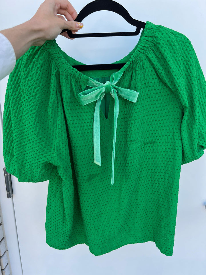 Green Velvet Bow Blouse jade brand holiday outfit ideas womens trendy online boutique