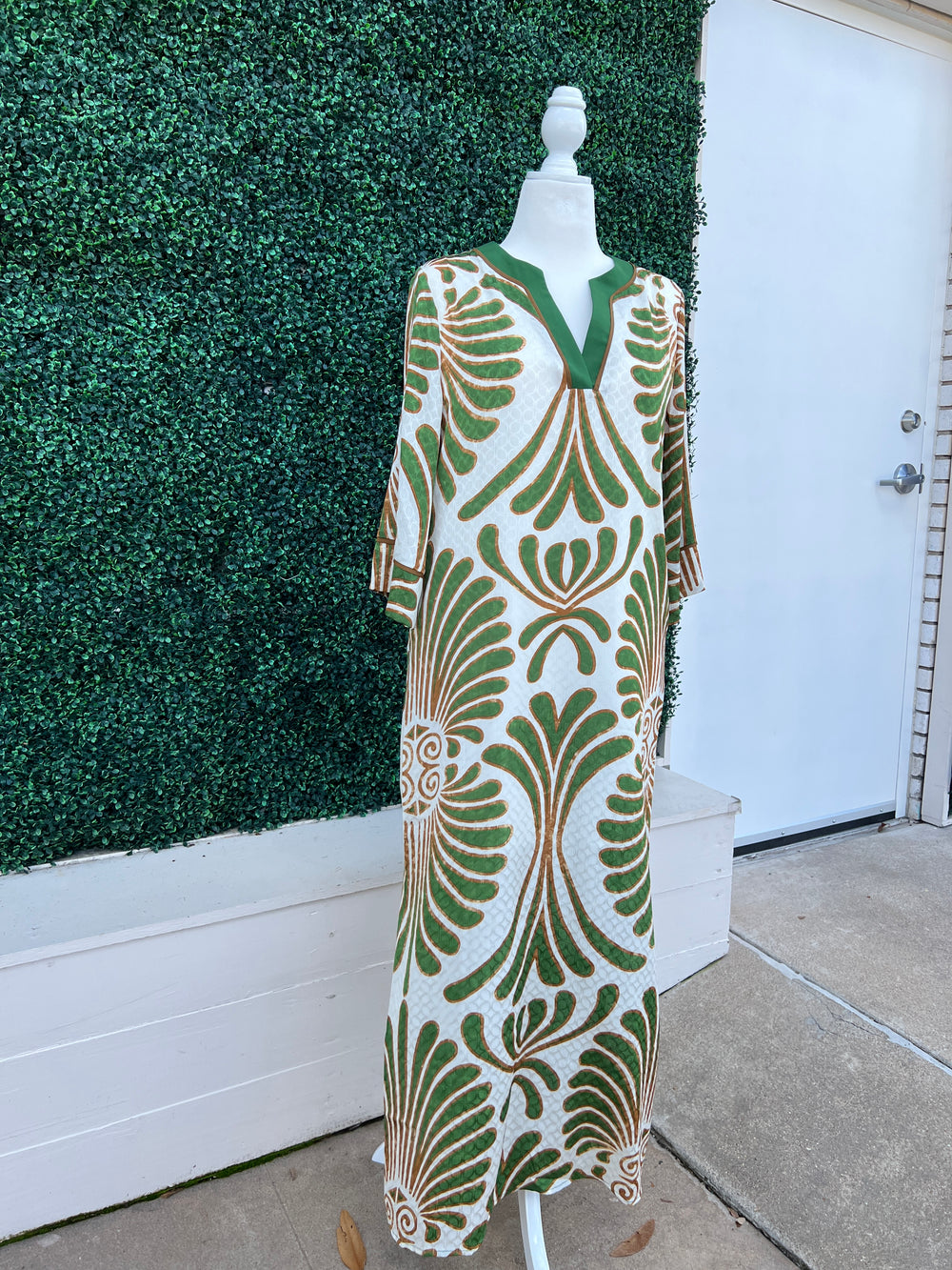 Green and Gold Palm Print Maxi caftan kaftan high end women's online boutique
