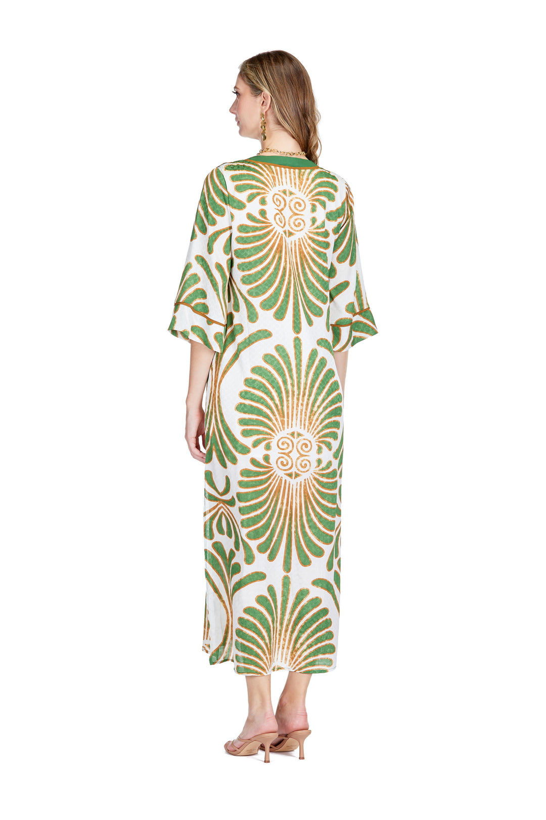 Green and Gold Palm Print Maxi caftan kaftan high end women&