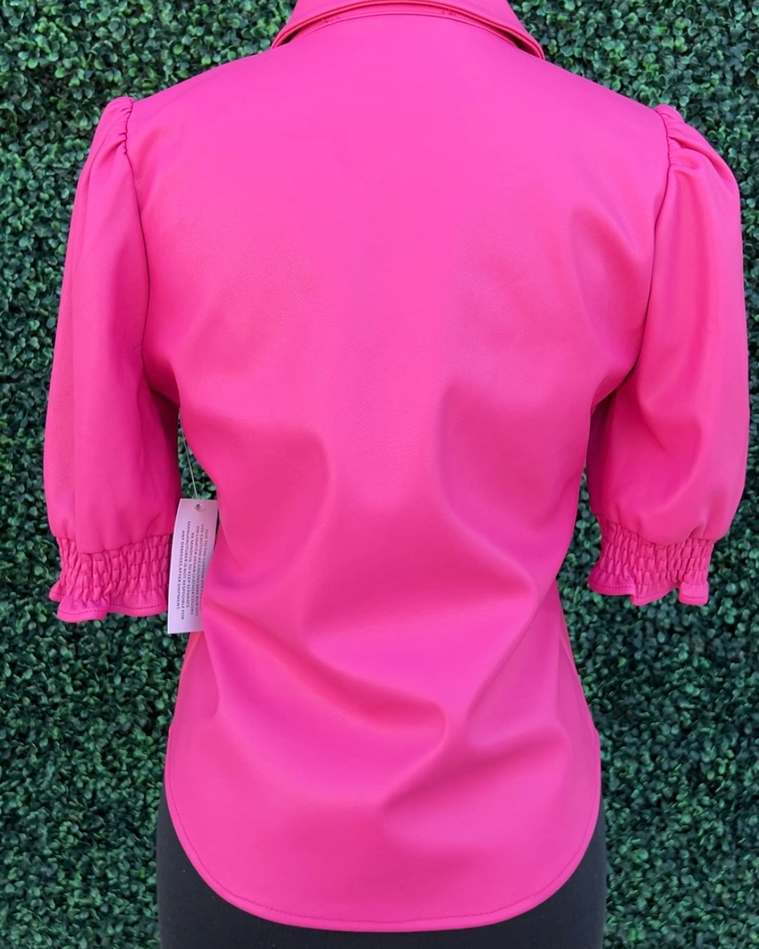 Hot Pink Pleather Puff Blouse high end women&