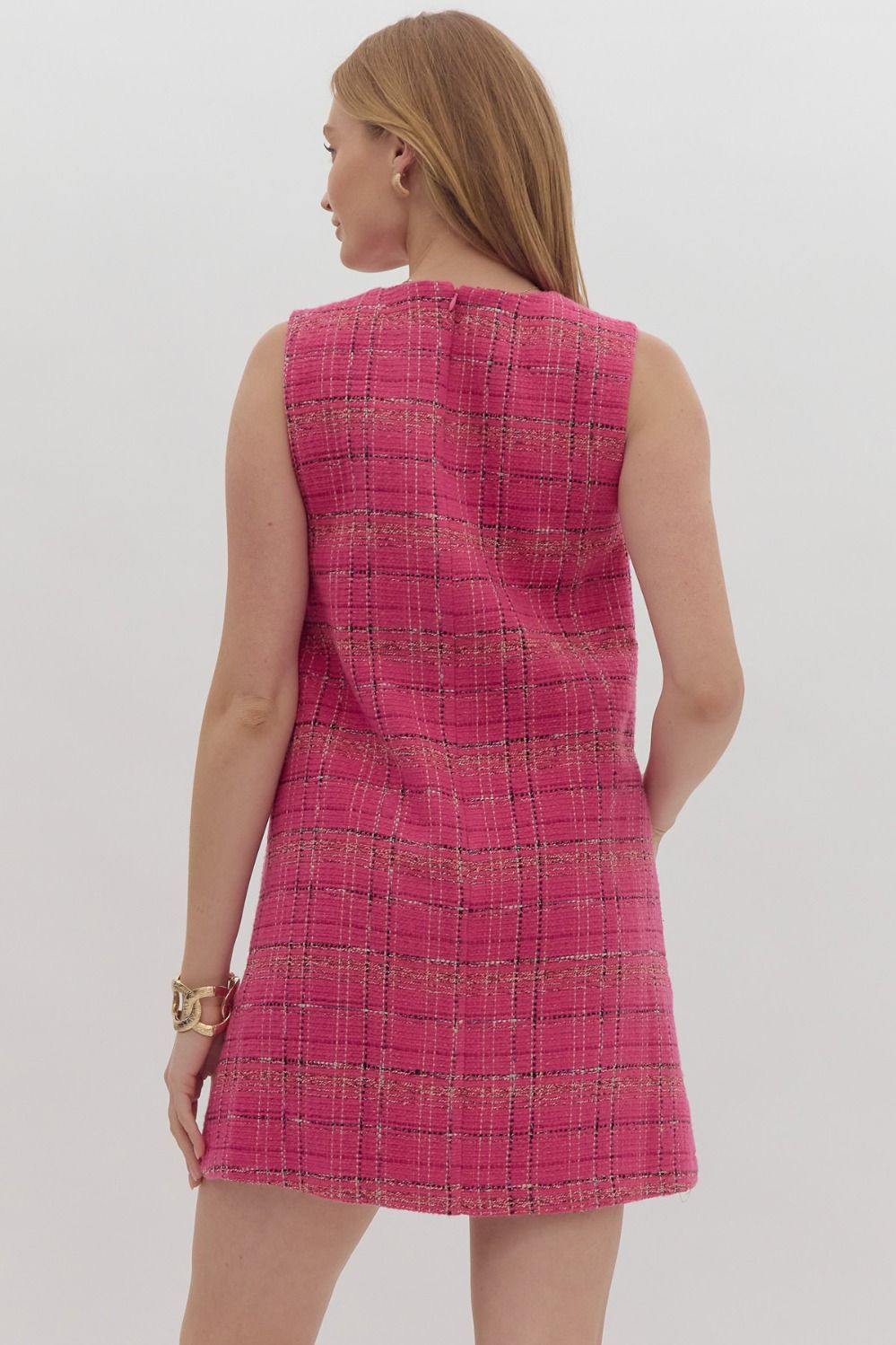 hot Pink and black Tweed Scalloped Side gold Buttons Dress sleeveless holiday outfit clueless 