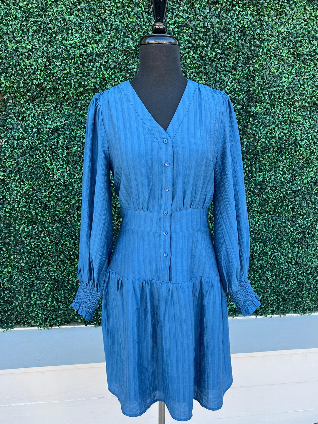 Hourglass curve hugging flair skirt Dusty Blue Dress