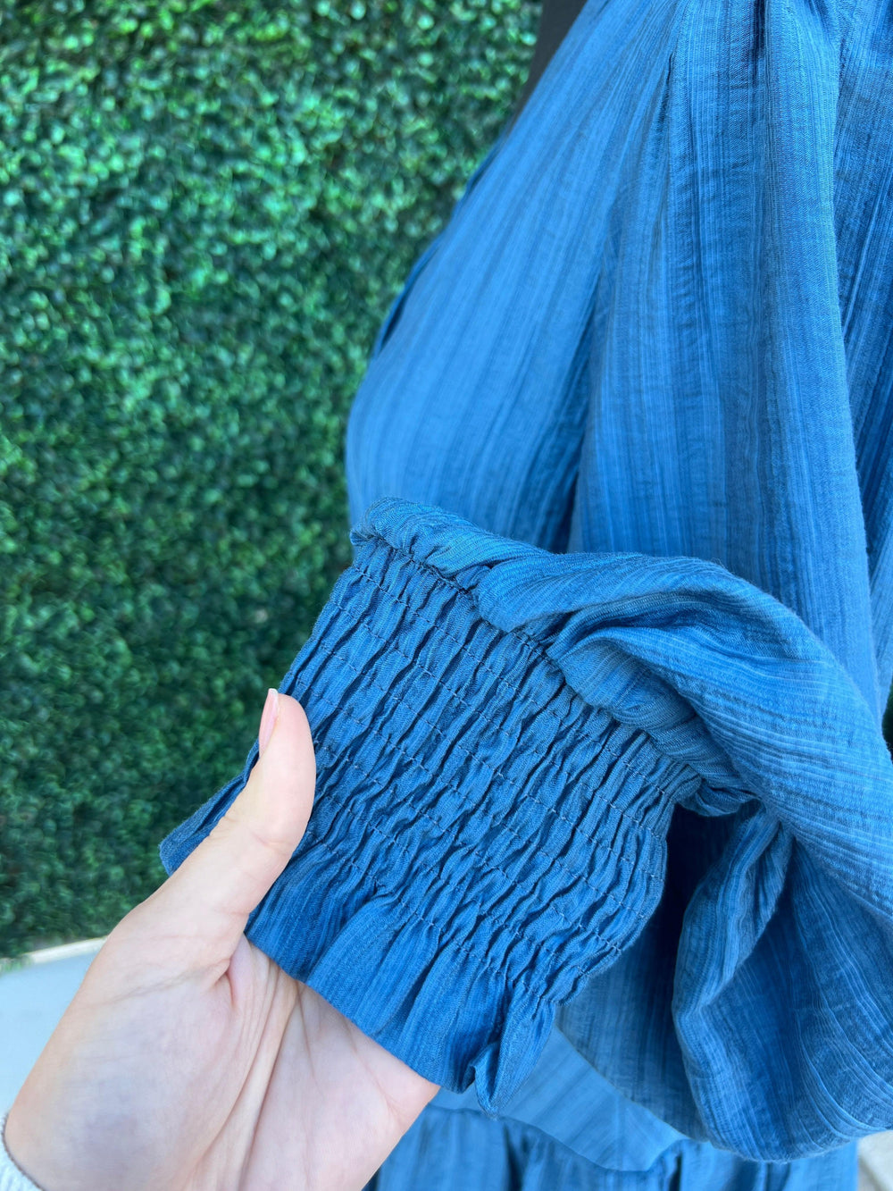 Hourglass curve hugging flair skirt Dusty Blue Dress long sleeves