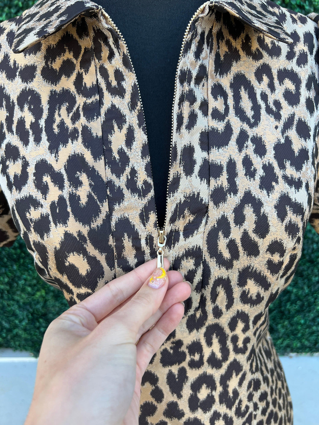 Metallic Leopard Collared Half Zip Dress
