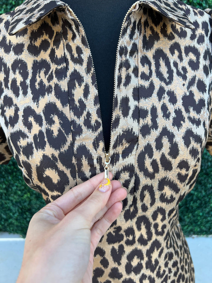 Metallic Leopard Collared Half Zip Dress