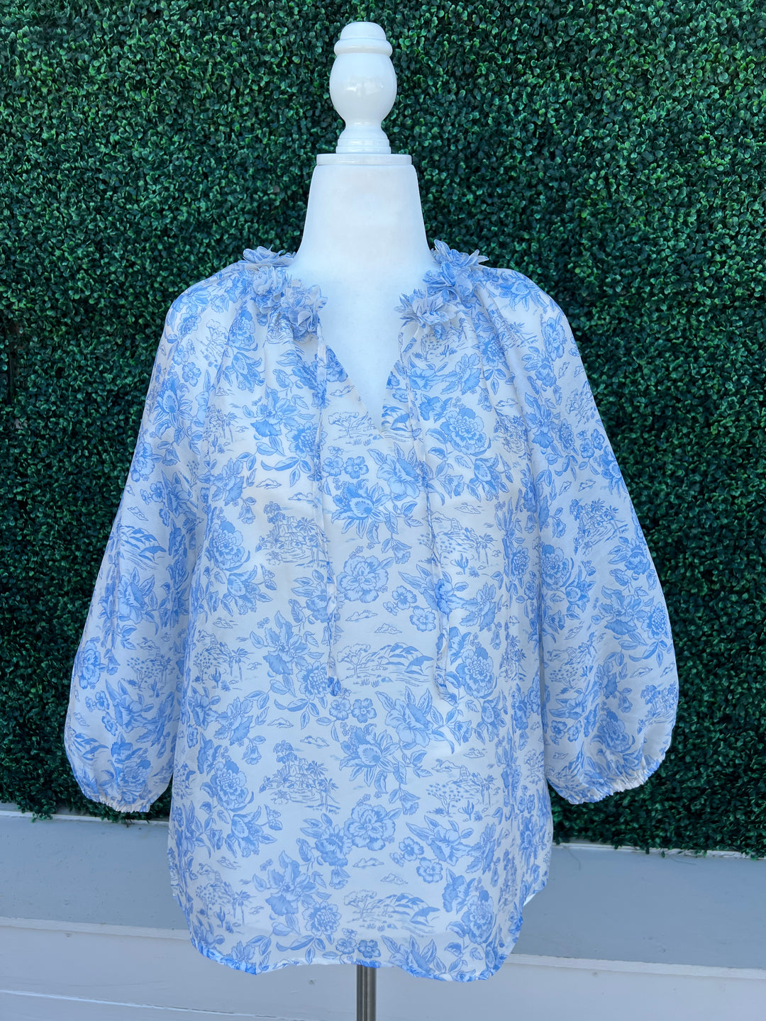 Fabric Flower Blue & White Blouse