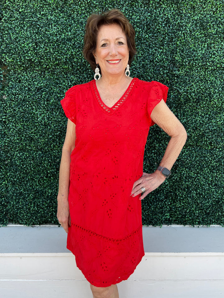 Red Eyelet Flutter Sleeve Dress