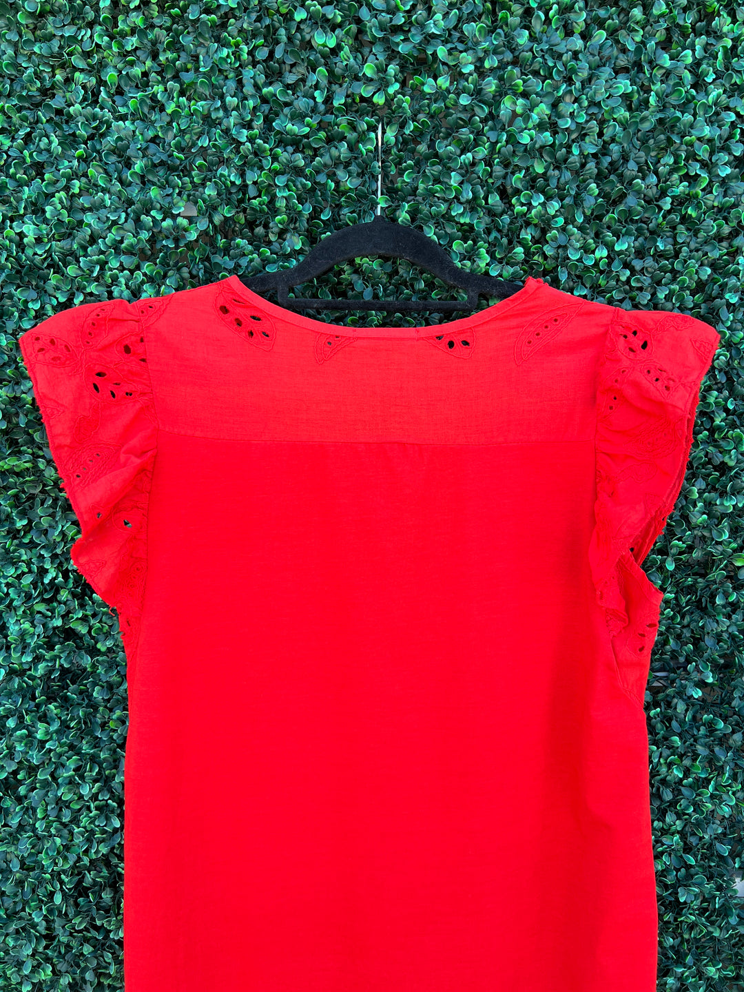 Red Eyelet Flutter Sleeve Dress