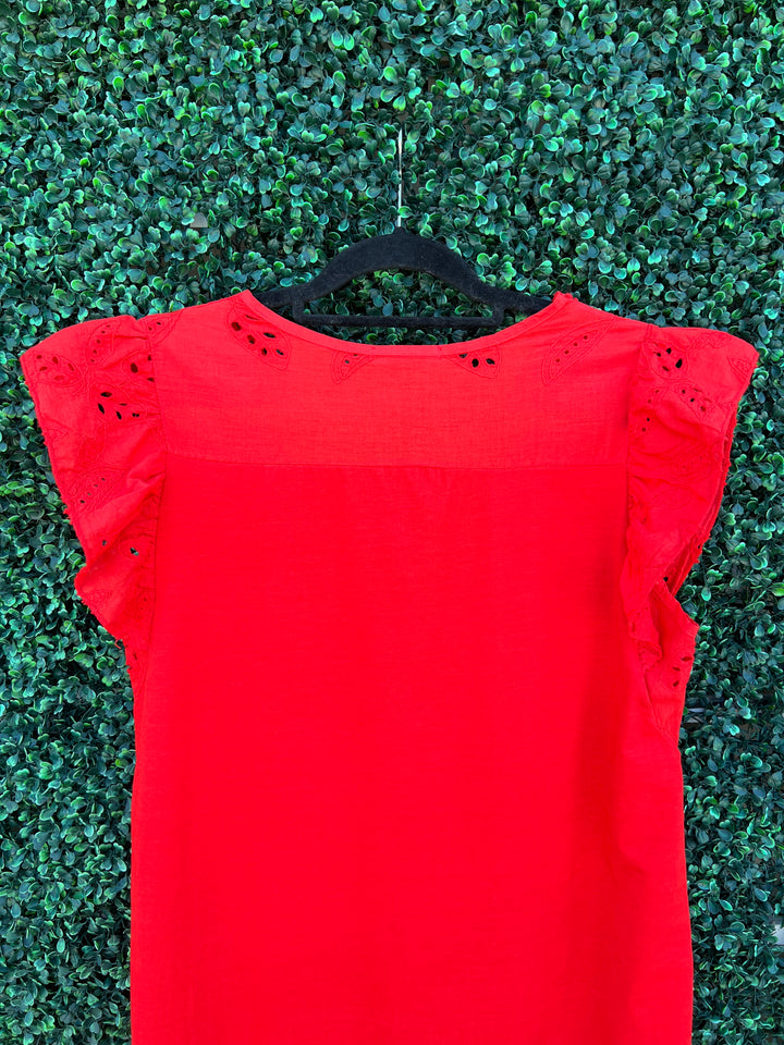 Red Eyelet Flutter Sleeve Dress