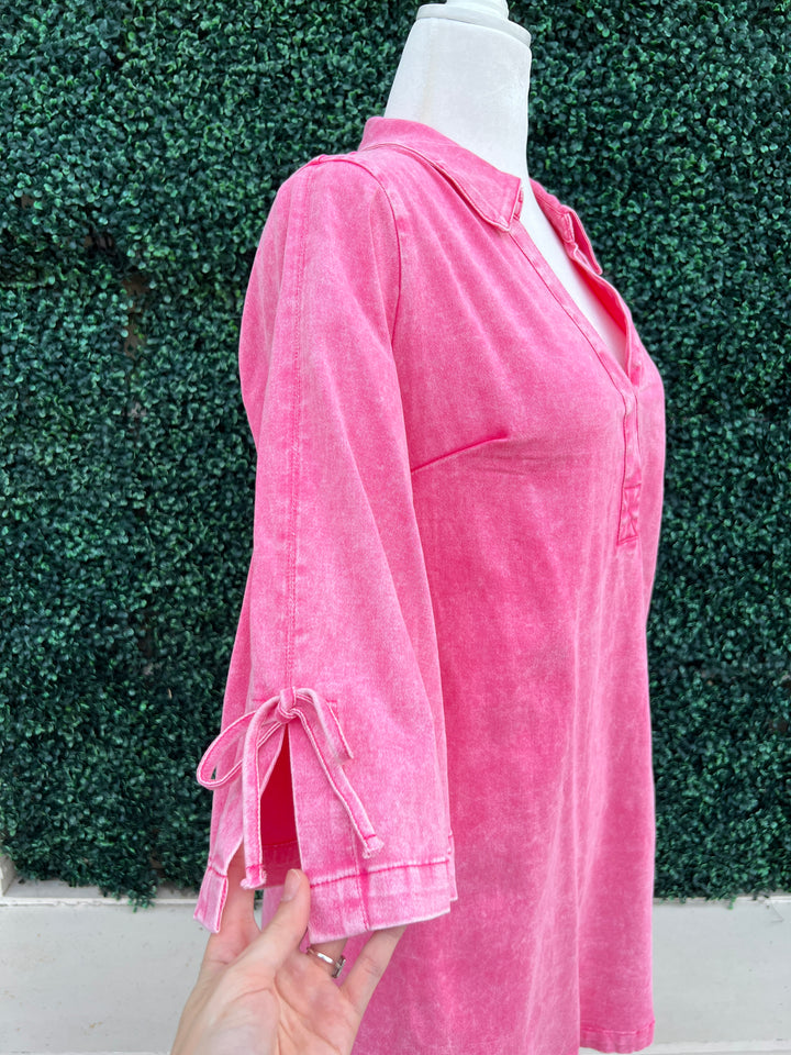 Pink Acid Wash Bell Sleeve Dress