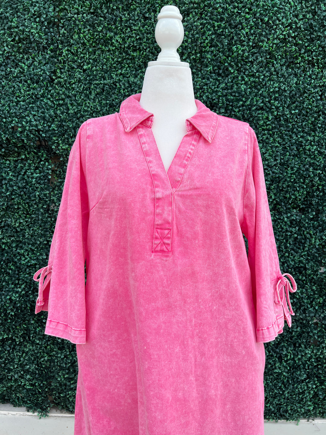 Pink Acid Wash Bell Sleeve Dress