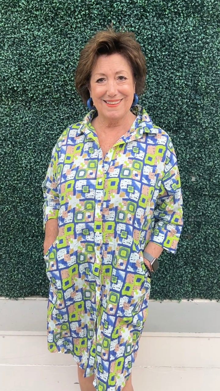 JIJI Chartreuse &amp; Periwinkle Print Shirt Dress