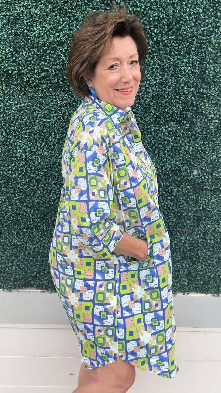 JIJI Chartreuse &amp; Periwinkle Print Shirt Dress