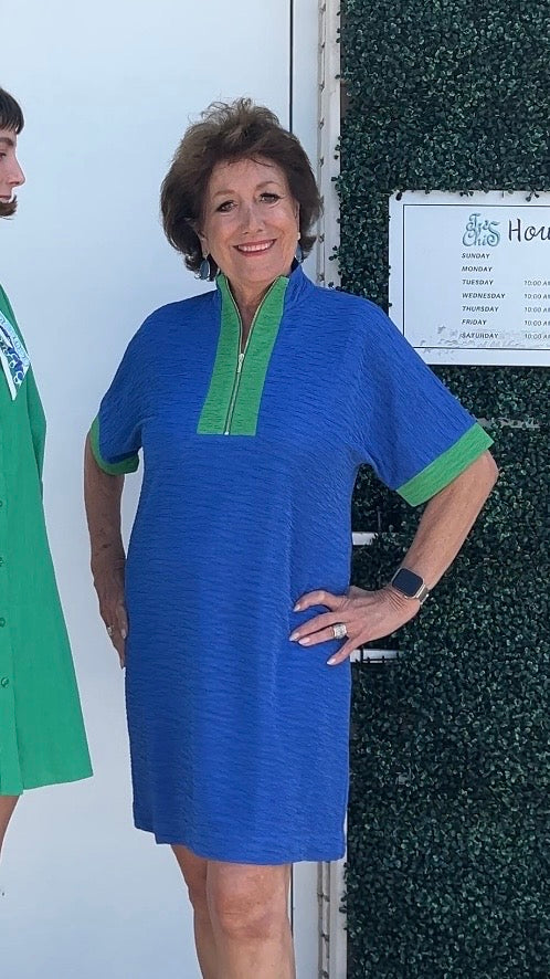 Blue Textured Dress with Green Trim