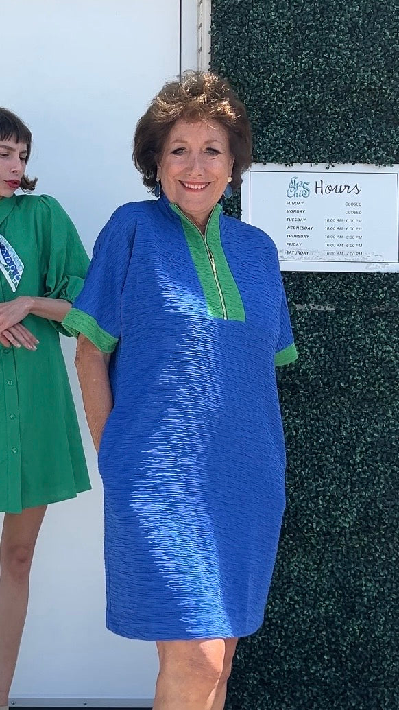 Blue Textured Dress with Green Trim