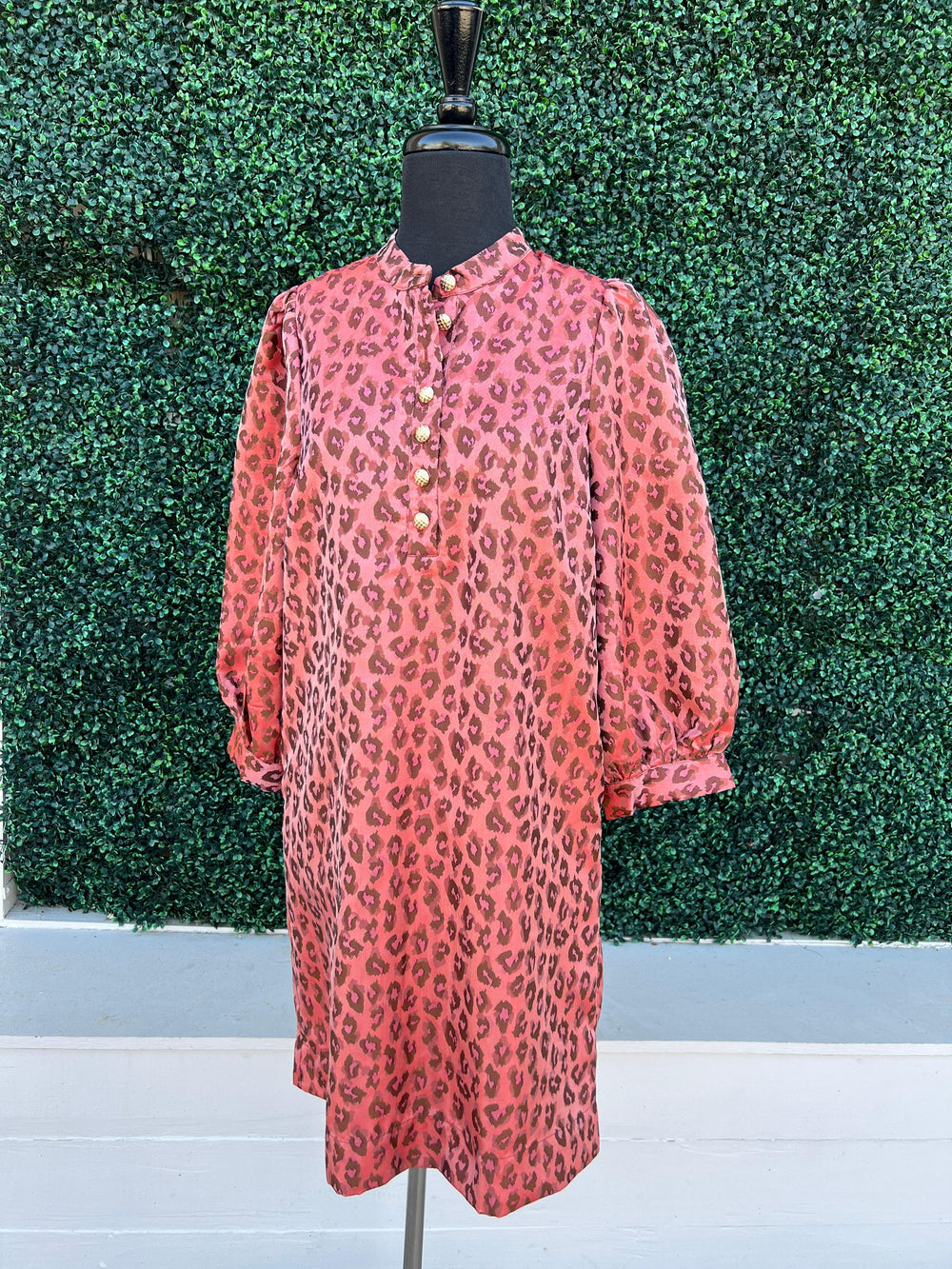 Iridescent Pink Cheetah Dress jade brand gold button up the front long sleeve dresses holiday cocktail hour outfit ideas womens boutique