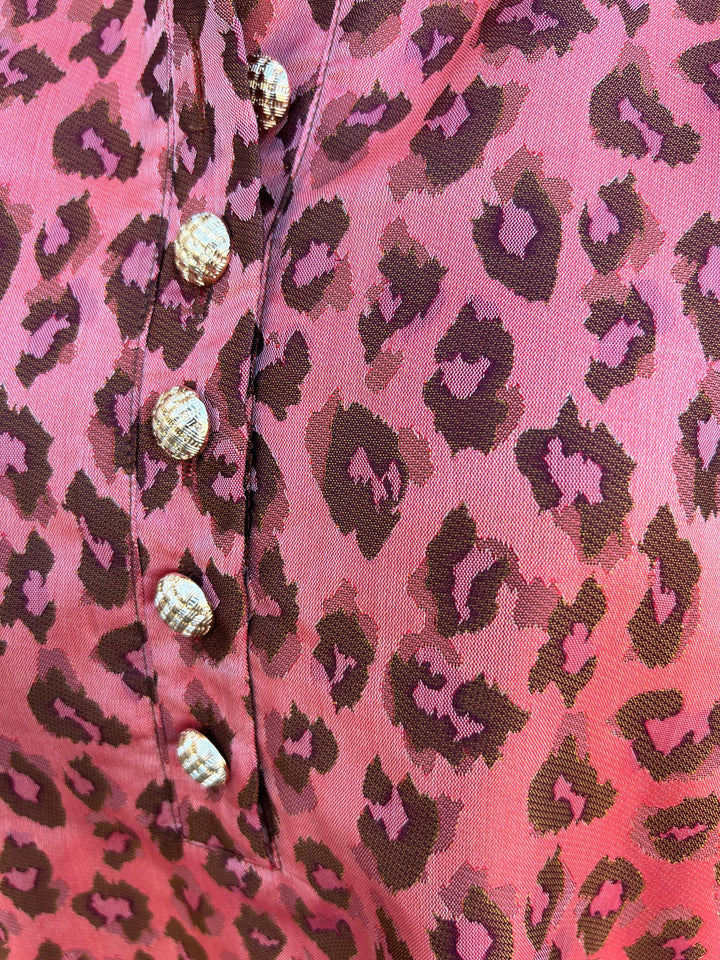 Iridescent Pink Cheetah Dress jade brand gold button up the front long sleeve dresses holiday cocktail hour outfit ideas womens boutique