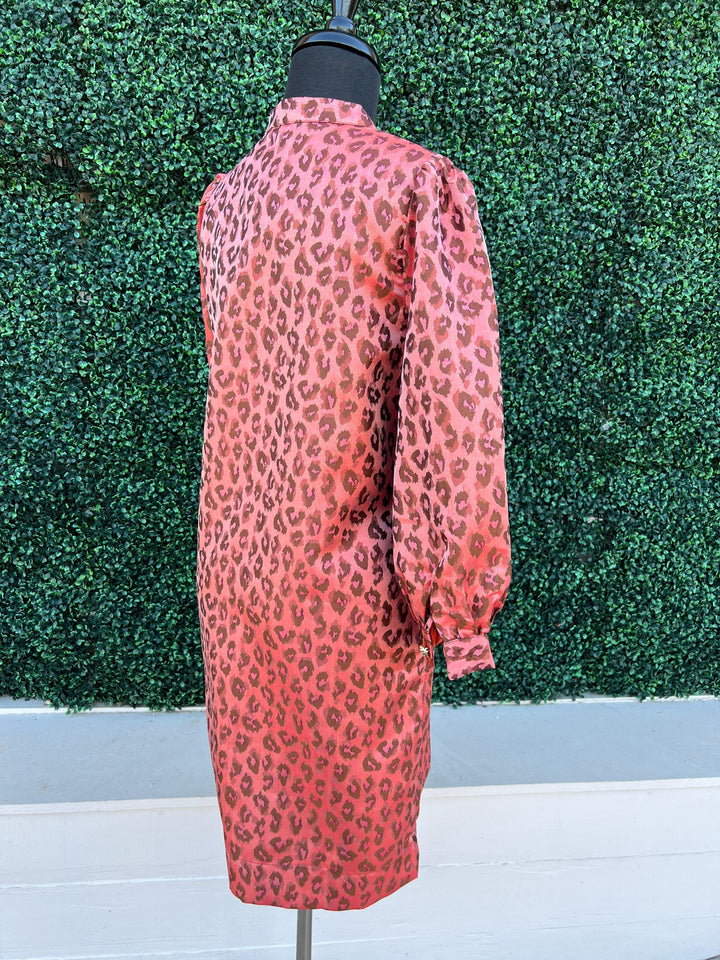 Iridescent Pink Cheetah Dress jade brand gold button up the front long sleeve dresses holiday cocktail hour outfit ideas womens boutique
