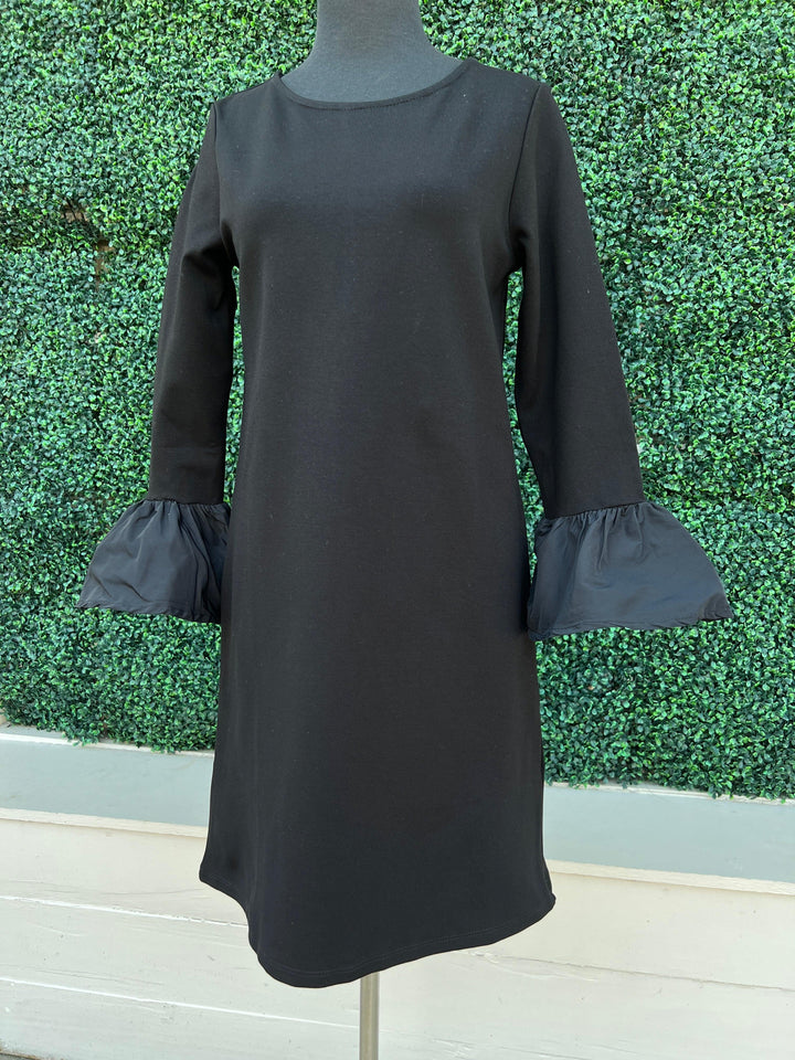 Isle Apparel Bell Ruffle Sleeve Ponte black holiday Dress for women at tres chic boutique fall winter 2024