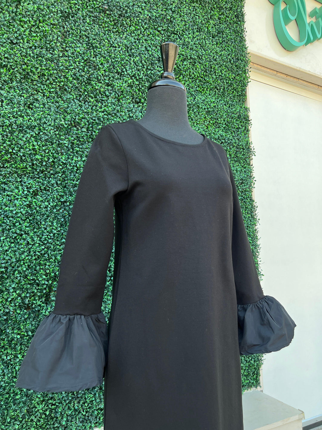 Isle Apparel Bell Ruffle Sleeve Ponte black holiday Dress for women at tres chic boutique fall winter 2024