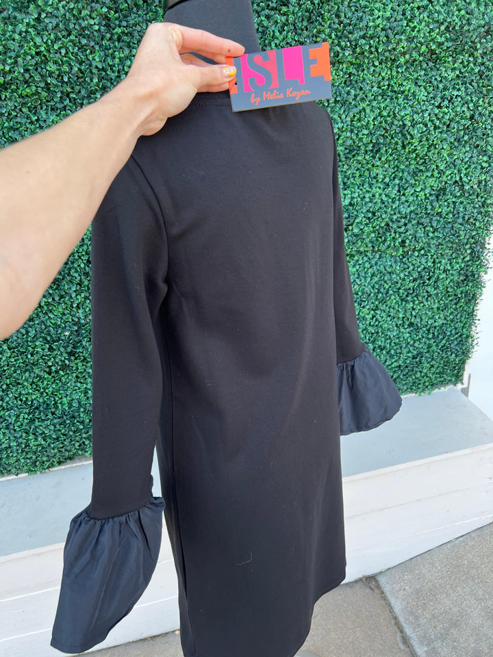Isle Apparel Bell Ruffle Sleeve Ponte black holiday Dress for women at tres chic boutique fall winter 2024