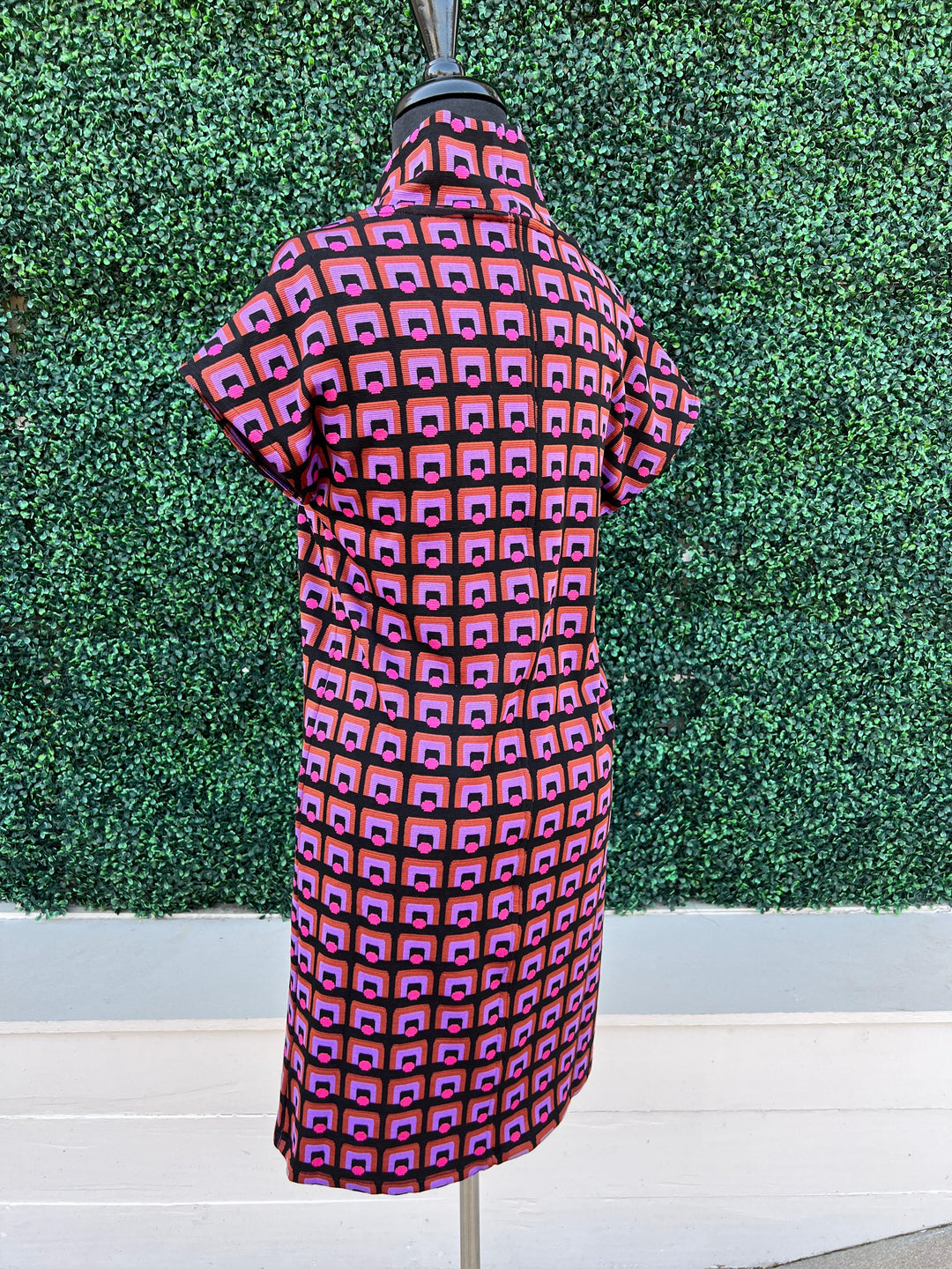 Isle Apparel cowl neck dress purple and pink cap sleeve for women over 50 length to the knees vintage print