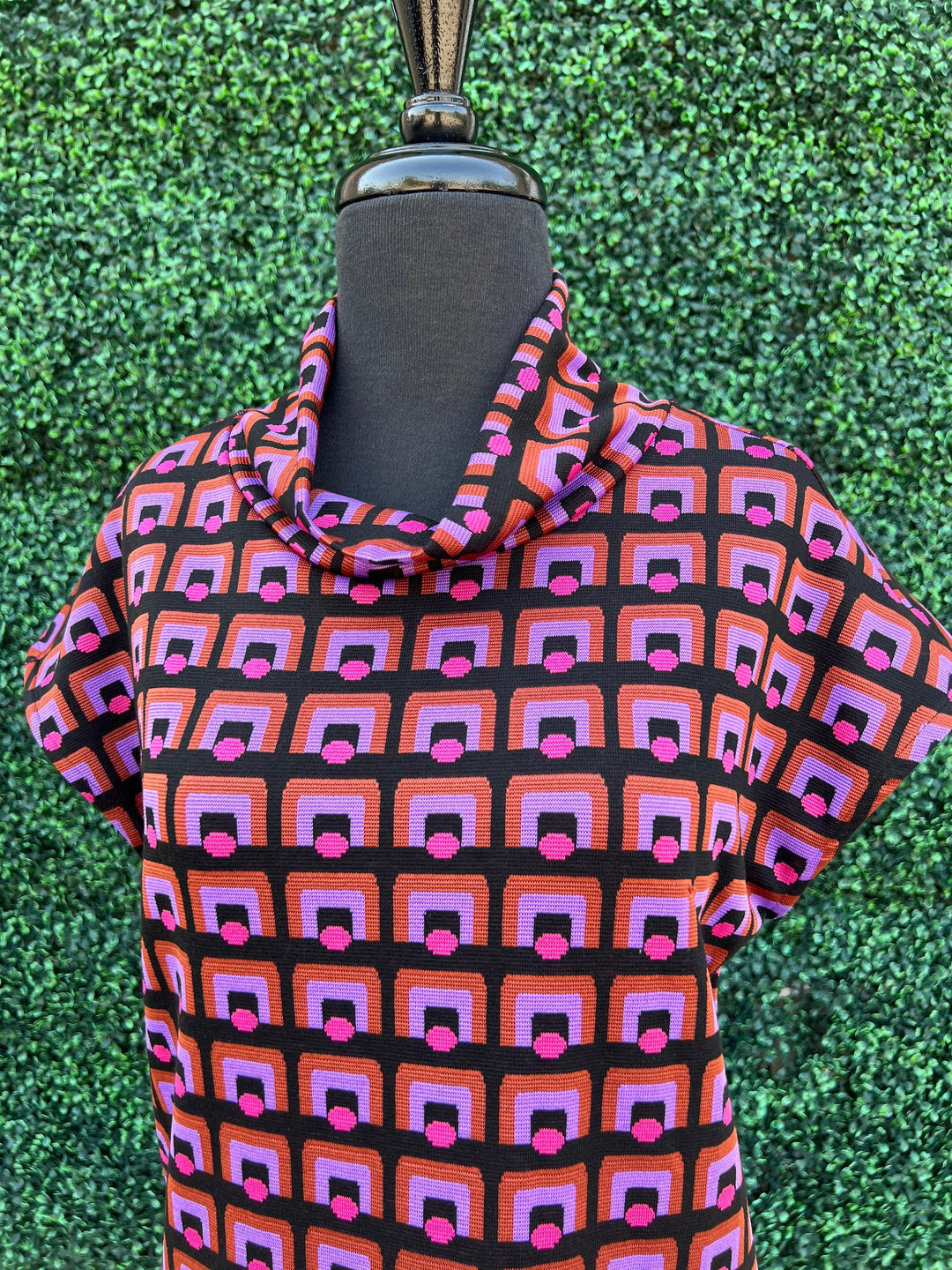 Isle Apparel cowl neck dress purple and pink cap sleeve for women over 50 length to the knees vintage print