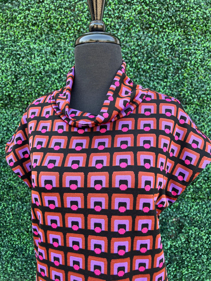 Isle Apparel cowl neck dress purple and pink cap sleeve for women over 50 length to the knees vintage print