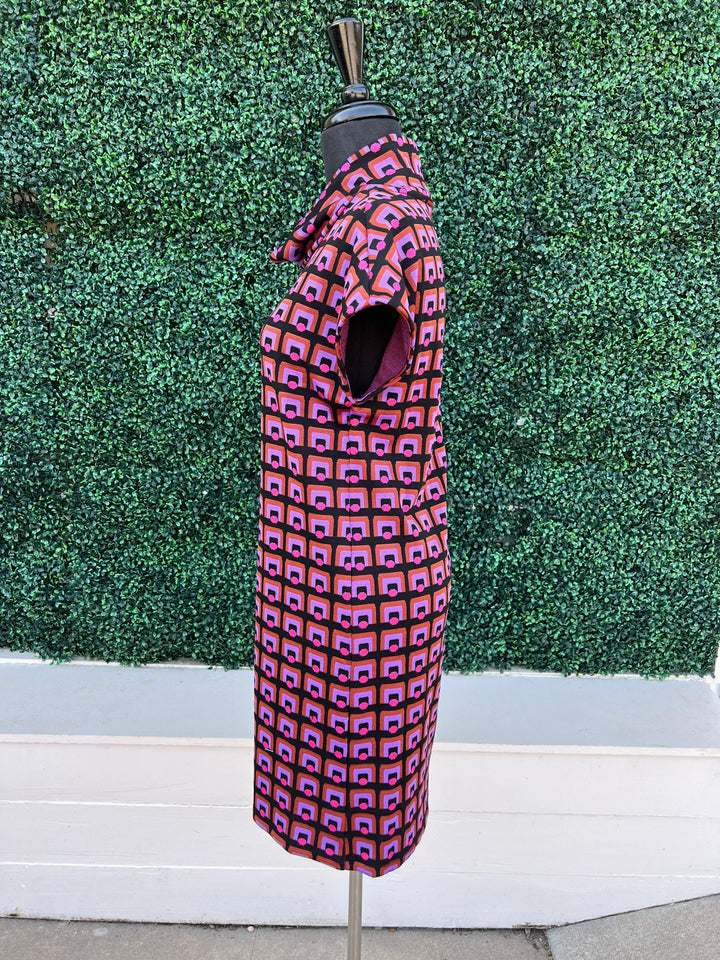 Isle Apparel cowl neck dress purple and pink cap sleeve for women over 50 length to the knees vintage print