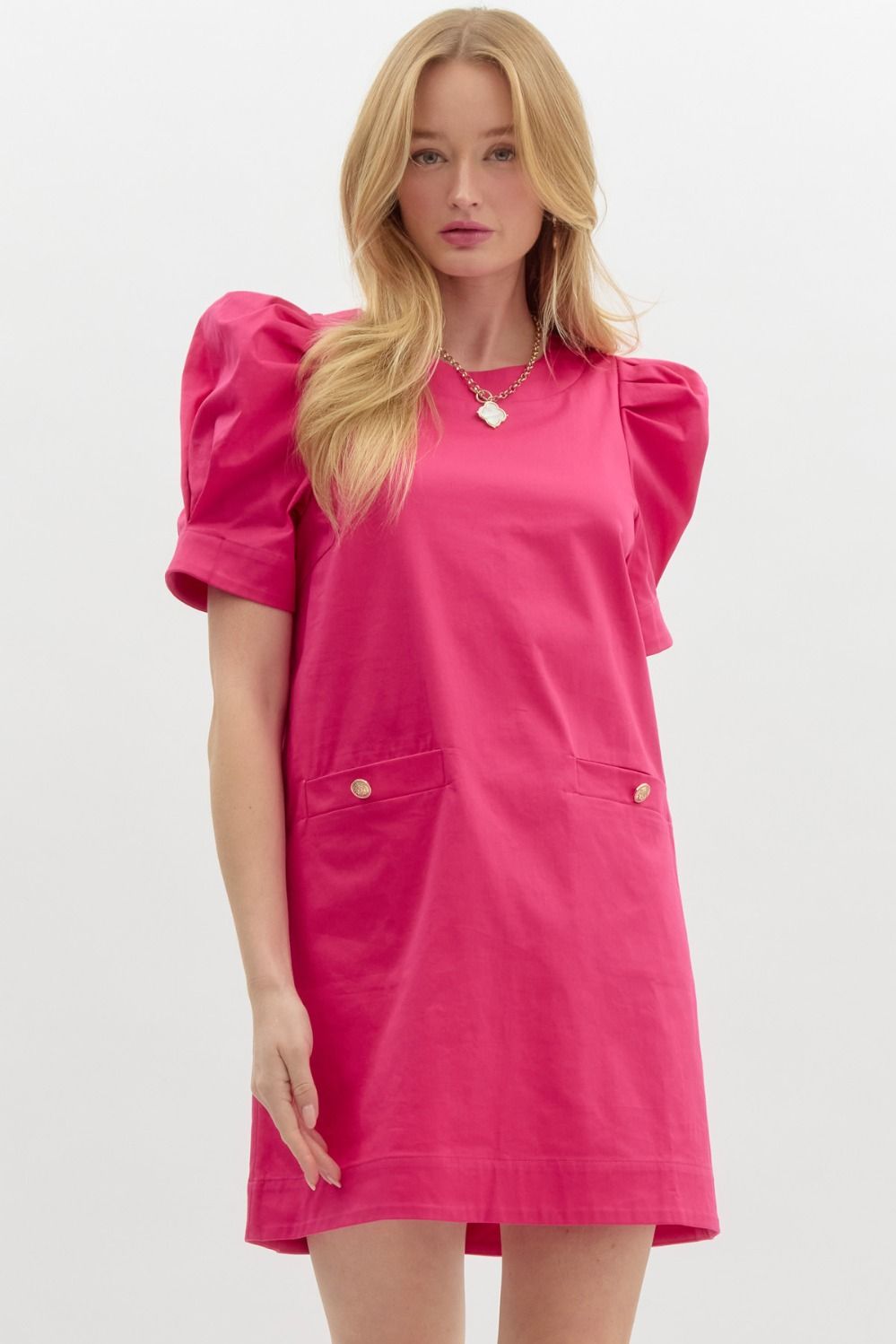 Jackie O Cotton Sheath Dress pink with puff sleeves and pockets with gold button 