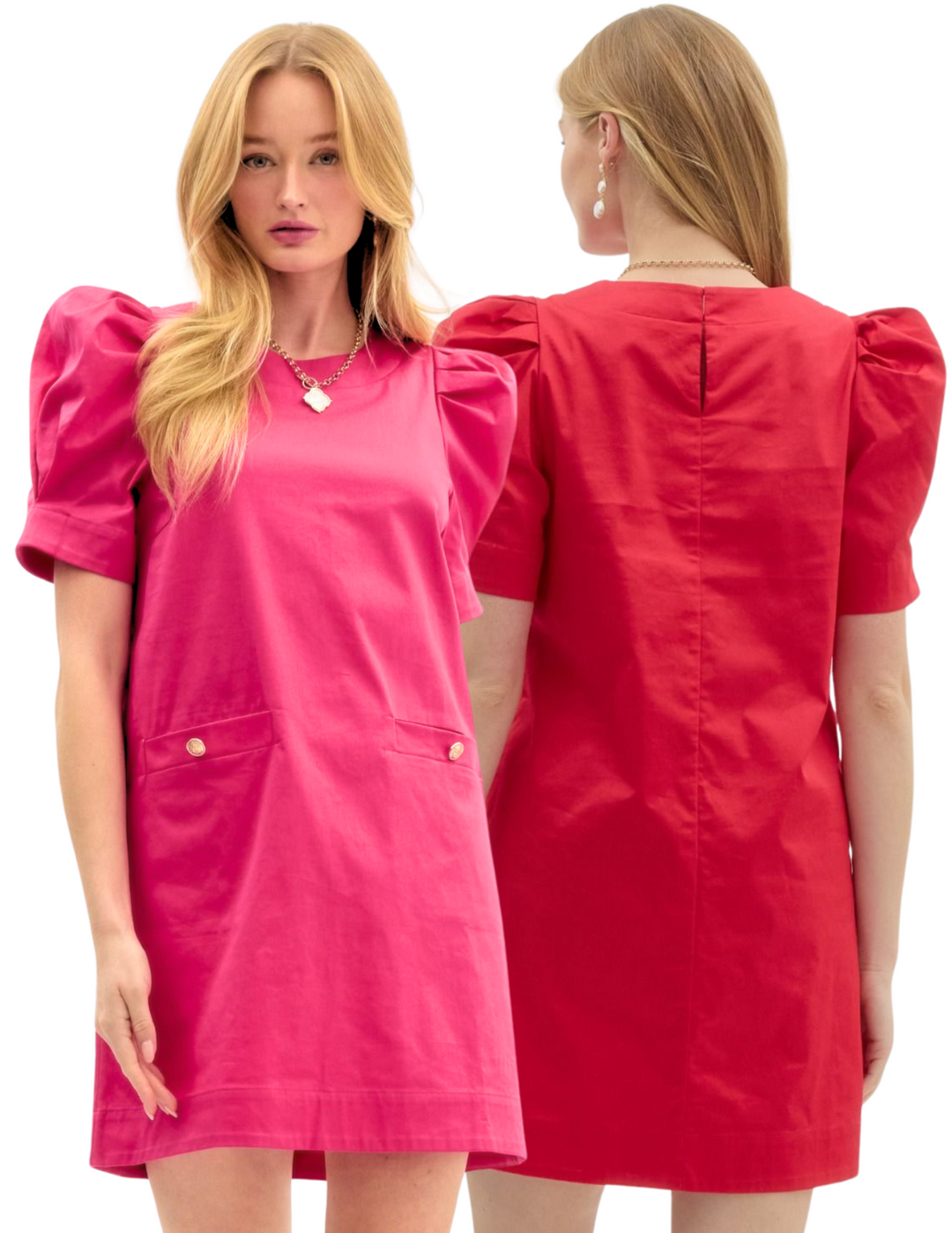 Jackie O Cotton Sheath Dress red and pink with puff sleeves and pockets