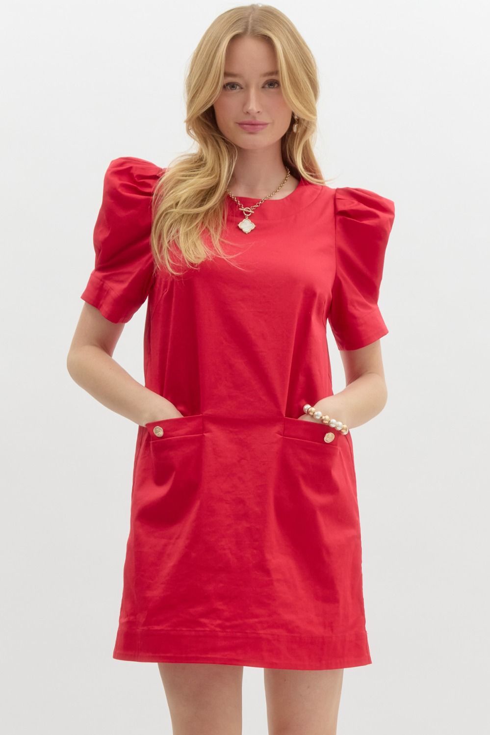 Jackie O Cotton Sheath Dress red with puff sleeves and pockets with gold button