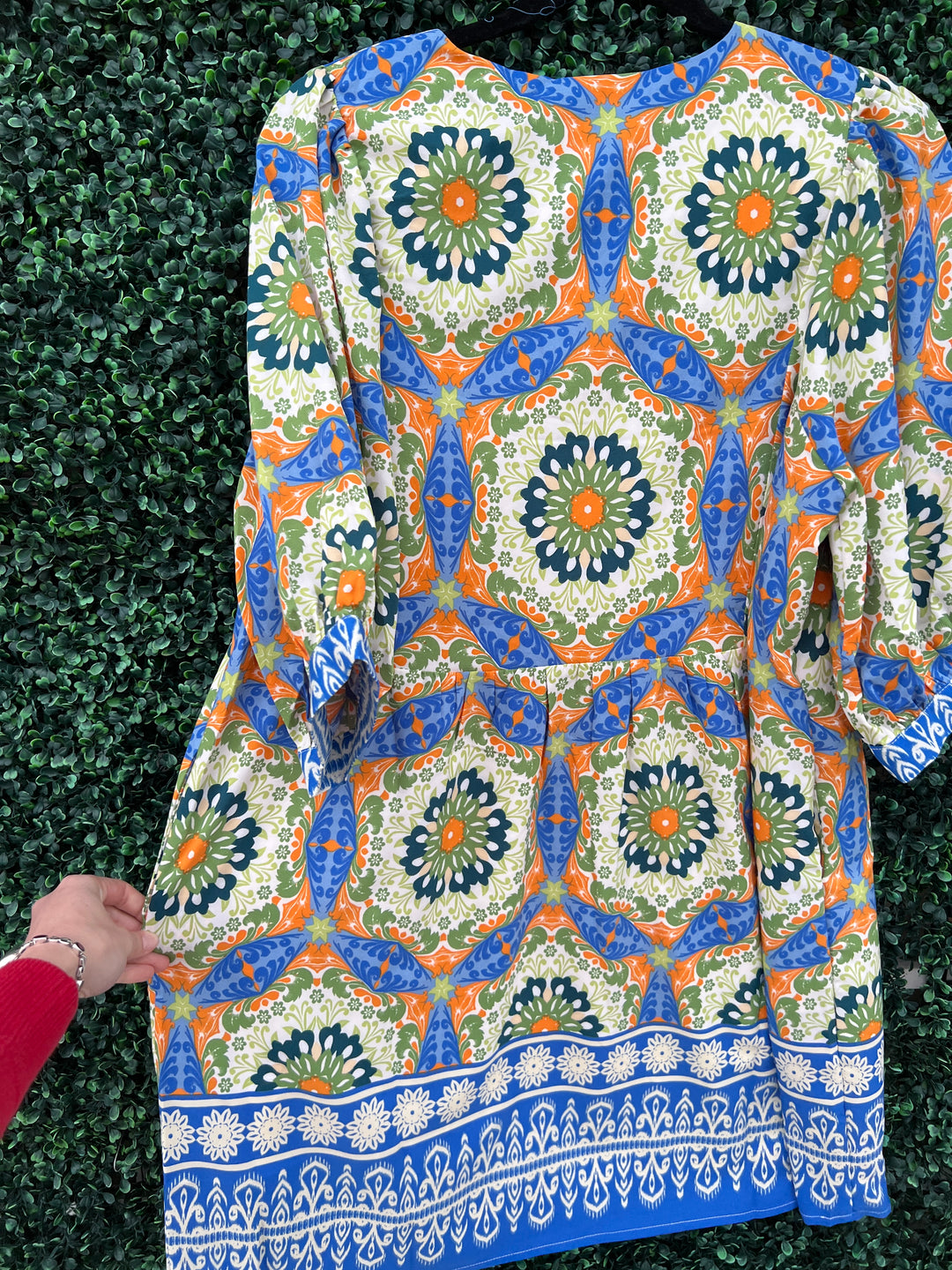 Kaleidoscope Print Dress with pockets joy joy brand blue and green polyester boarder print
